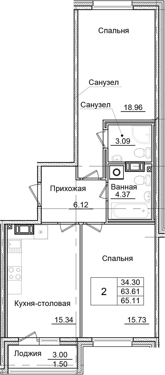 2-комнатная квартира 65.11 м², 2/9 эт., ЖК «Квартал Заречье»